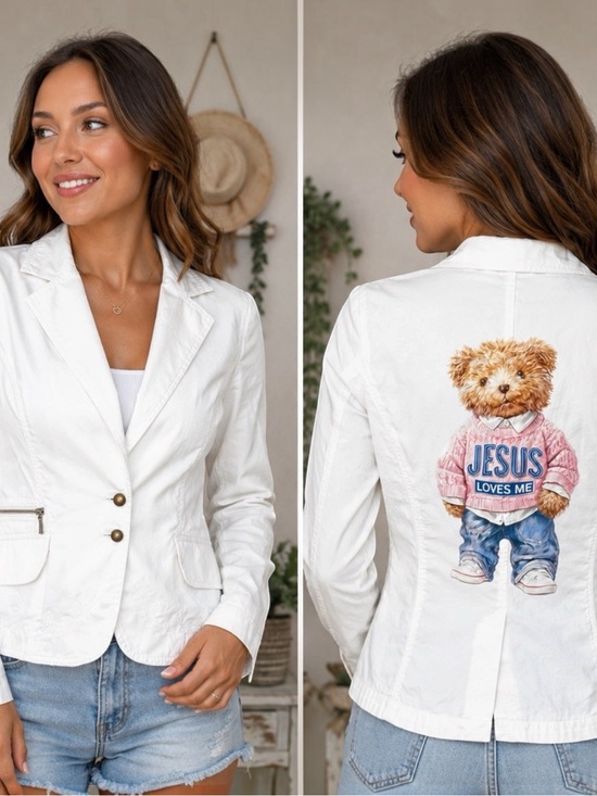 Jackets & Blazers - Handcrafted Christian White Blazer – Size XS “Jesus Loves Me” teddy bear